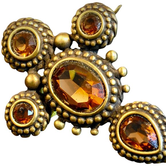 DESIGNER INSPIRED, SATIN BRONZE MEDALLION PIN WITH TOPAZ CRYSTAL ACCENTS - Picture 1 of 2